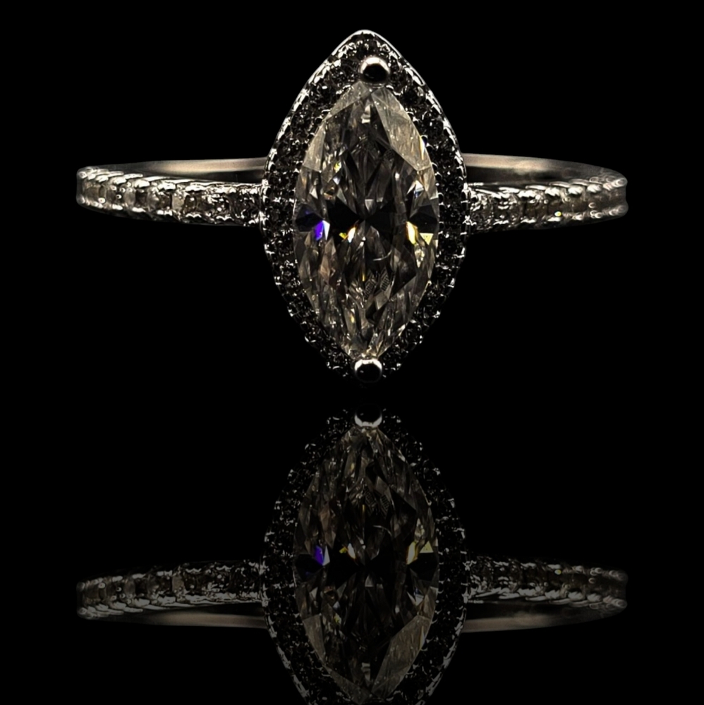 Marquise Cut Certified Moissanite Halo Sterling Silver Engagment Ring